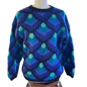 VTG Womens Sweater Sz M 80’s Luxurious Mohair Blend Blue & Green Peacock A